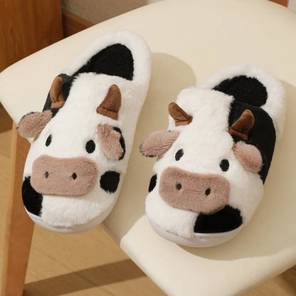 New Winter Unisex Cartoon Cow Warm Plush Slippers Couple's Indoor Non-slip House Slides Men And Women Toe Wrap Home Cotton Shoes