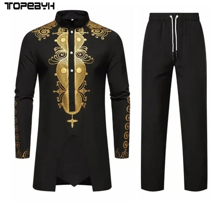 Men's Long Sleeve Shirt Sets Leisure Dinner Print Design Medium Long Clothes for Men