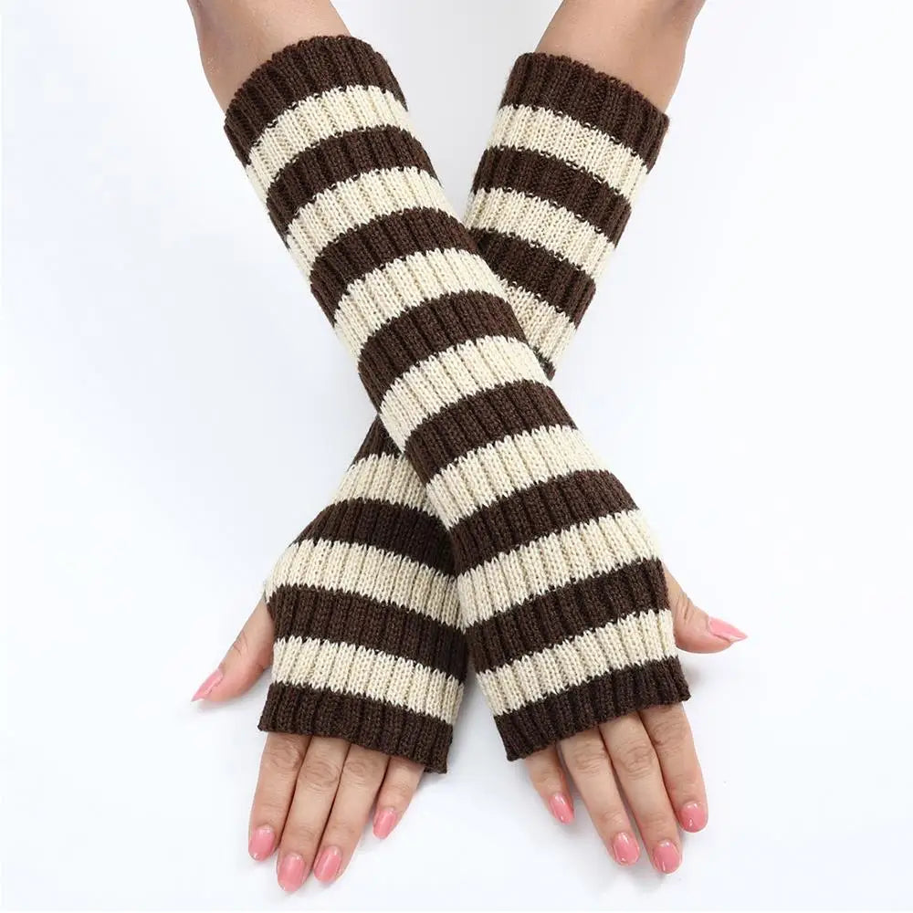 Women's Knitted Fingerless Arm Sleeves Gothic Style Striped Winter Long Arm Warmers Girls Harajuku Y2K Fashion Wrist Gloves