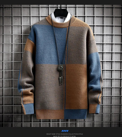 Half High Collar Color Blocking Warm Sweater High Quality Men Spring Autumn Slim Leisure Korean Long Sleeve Loose Knit Pullover