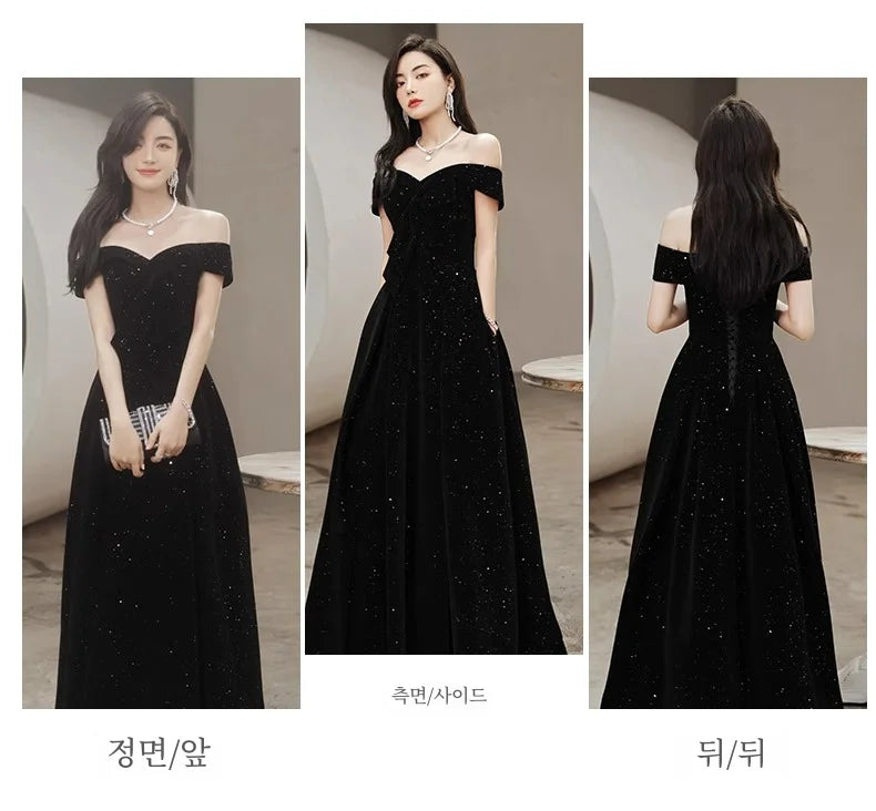 2024 New Arrival Starry Sky Velvet off-Shoulder Black Host Evening Dress Dress Banquet Temperament Winter Long