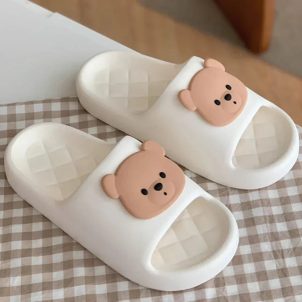 Cute Bear Design Thick Sole Women Slippers Slides Bathroom Beach Indoor Sandals Summer Couple Shoes