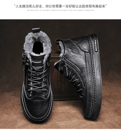 Leather Men's Boots 2023 Winter Platform Warm Fur Ankle Short Lace Up Fashion Novelty Concise Casual Work Shoes Botas 2023