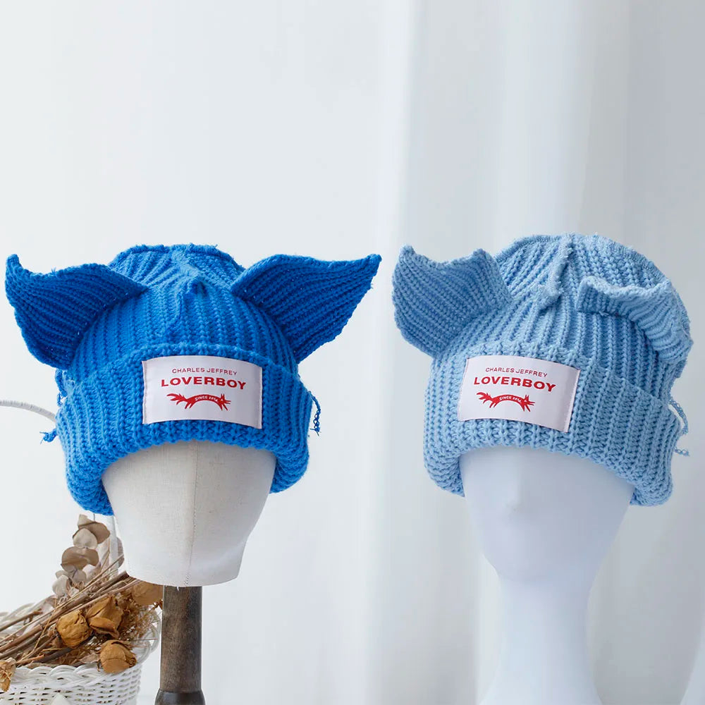 2023 Loverboy Cat Ear Knit Hat solid Warm Pig Ear Woolen Hat Cute Fashion Hooded Cap Niche Design Hip-hop Personality Cold Hat