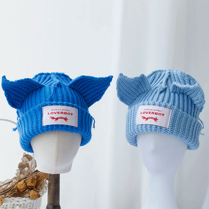 2023 Loverboy Cat Ear Knit Hat solid Warm Pig Ear Woolen Hat Cute Fashion Hooded Cap Niche Design Hip-hop Personality Cold Hat