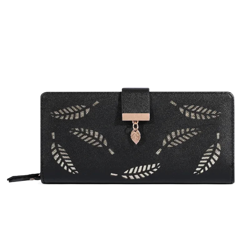 Women Wallet PU Leather Purse Female Long Wallet Gold Hollow Leaves Pouch Handbag For Women Coin Purse Card Holders Clutch