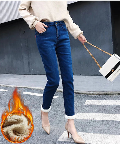 Winter Fleece Lined Denim Pencil Pants Women Thicken Warm Lamb Fluff Jeans High Waist New Slim Vaqueros Big Size 34 Kot Pantolon