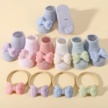 Lovely Baby Bows Socks Set Fresh Candy Color Breathable Short Socks with Sweet Flower Headband Elastic Hairband for Newboen