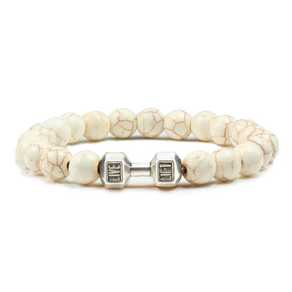 Bracciale in pietra vulcanica naturale da uomo, nero opaco, perline bianche, ciondolo con manubri, braccialetti da donna con bilanciere, gioielli per il fitness