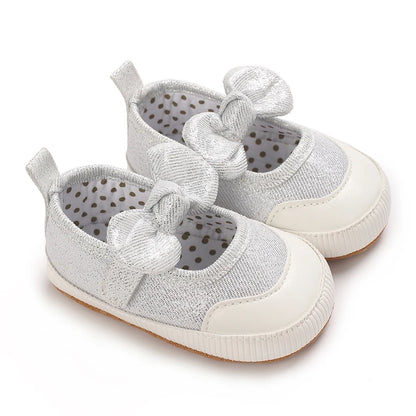 Silver Princess Shoes 0-18M Newborn Casual Shoes Baby Bow Non slip Cloth Bottom Flat Bottom PU Newborn Bow Decoration Mary Janes