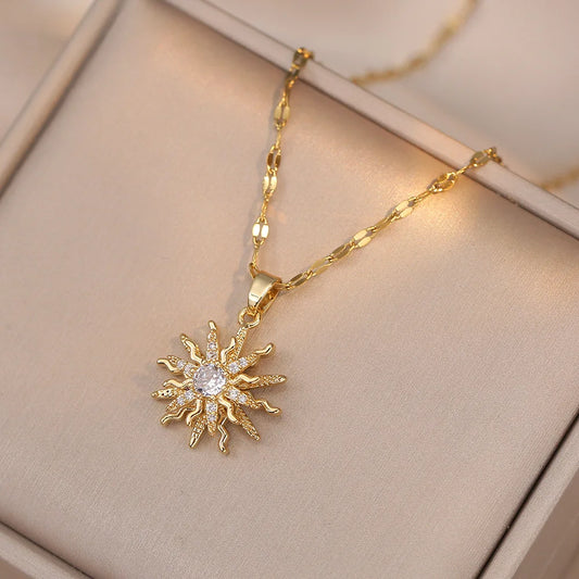 Shiny Luxury Zircon Flower Pendant Necklace for Women Men Stainless Steel Chain Trendy Jewelry Accessories Gifts for Friends