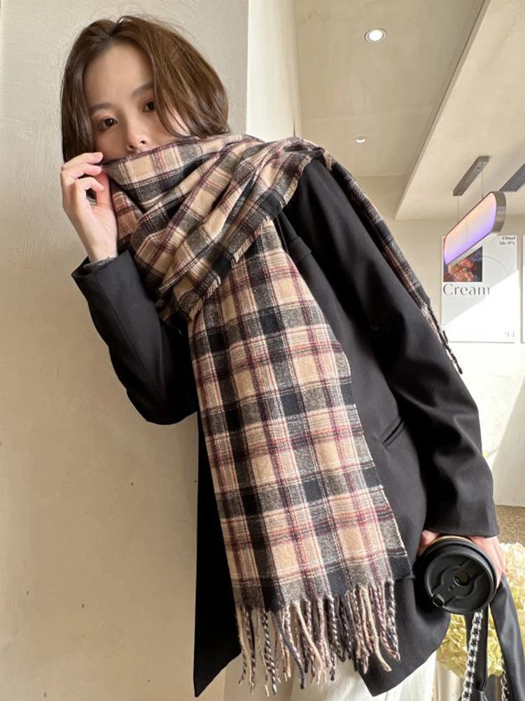 New 2023 Imitation Cashmere Women Scarf Winter Preppy Style Vintage Plaid Scarve Pashmina Mujer Foulard Blanket Wrap Shawl Pareo