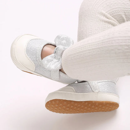 Silver Princess Shoes 0-18M Newborn Casual Shoes Baby Bow Non slip Cloth Bottom Flat Bottom PU Newborn Bow Decoration Mary Janes