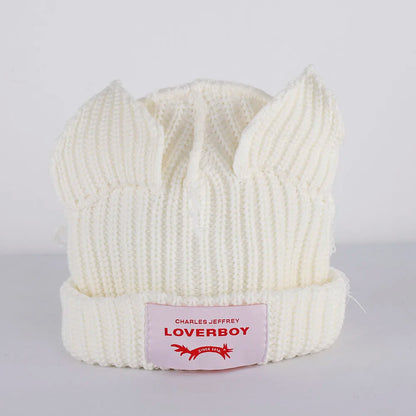 2023 Loverboy Cat Ear Knit Hat solid Warm Pig Ear Woolen Hat Cute Fashion Hooded Cap Niche Design Hip-hop Personality Cold Hat