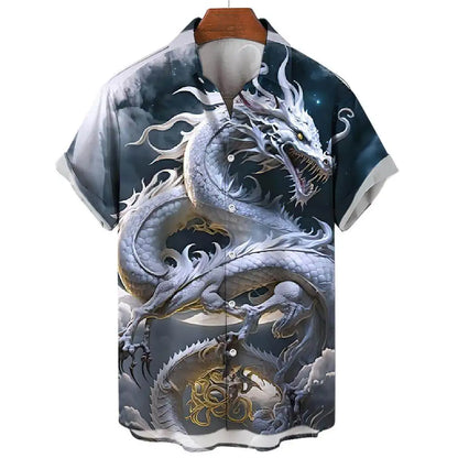 Chinese Mythology Dragon Print Summer Men's Casual Short-sleeved Shirt Street Hip-hop Trend Tops Oversized T-shirt Size S-5XL