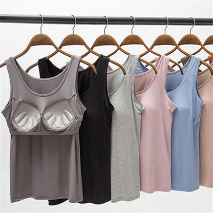 2025 Women's Vest Tops With Built In Bra Neck Vest Padded Slim Fit Tank Tops Sexy Shirts Feminino Casual Underlay shirt slimming