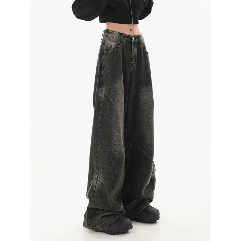 Deeptown Y2k Vintage Black Jeans Women Streetwear Baggy Denim Pants Wide Leg Harajuku Korean Trousers Goth Spring 2024 American