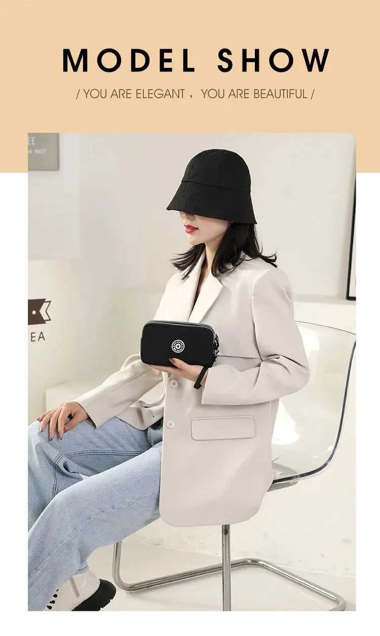 Solid Color Coin Purse Women Handbag Small Wallet Wrinkle Fabric Phone Purse Three Zippers Portable Make Up Bag