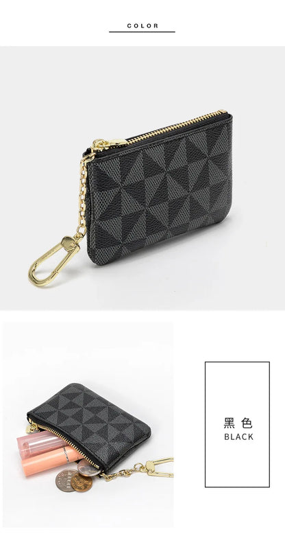 Luxury Designer Coin Key Storage Bag with Chain Women Mini Coin Purse Plaid Leather Small Zipper Wallet Ladies Keychain Purses