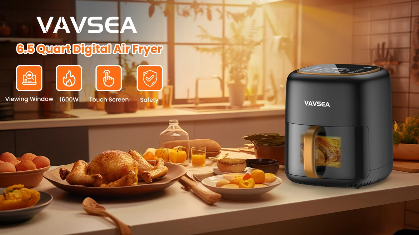 VAVSEA 10-in-1 Air Fryer with Clear Window, 1600W Hot Airfryer Oven with Digital LED Touch Screen, and Non-Stick Basket,6.5QT,