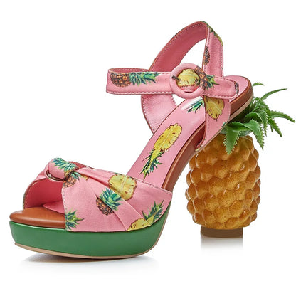 Summer Pink Pineapple Print Open-toe Platform Sandals Sweet Women High-heel Buckle Strappy Women Shoes Lovely Sandalias Mujer