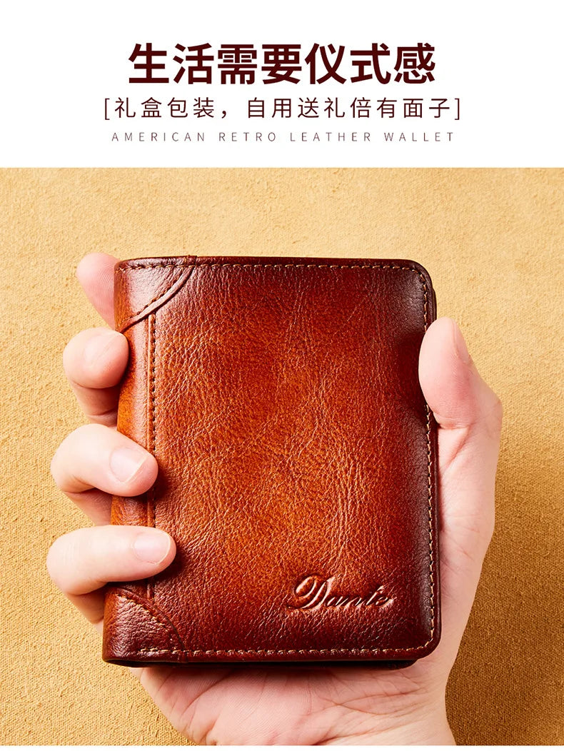 Dante Leather Men's Wallets RFID Anti-theft Brush Degaus Head Layer Cowhide Retro Casual Vertical Money Bag Money Two fold Clips