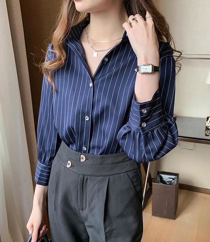 Striped Shirt Women Summer Vintage Chic Loose Long Sleeve Top Y2K Office Ladies Fashion Casual Turn Down Collar All Match Blouse