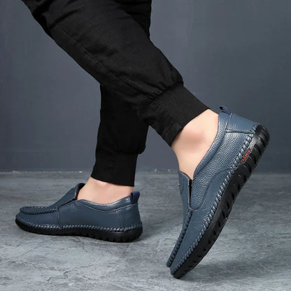 Breathable Genuine Leather Men Shoes Summer Slip On Loafers Men Casual Leather Shoes Blue Flats Hot Sale Driving Shoes Moccasins