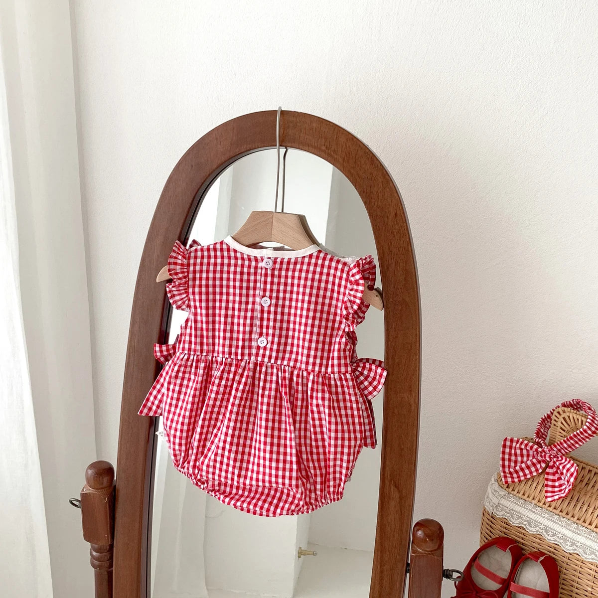 Summer Baby Girls Romper+Headband Newborn Red Plaid Strawberry Embroidery Summer Onesies Clothes Casual and versatile style