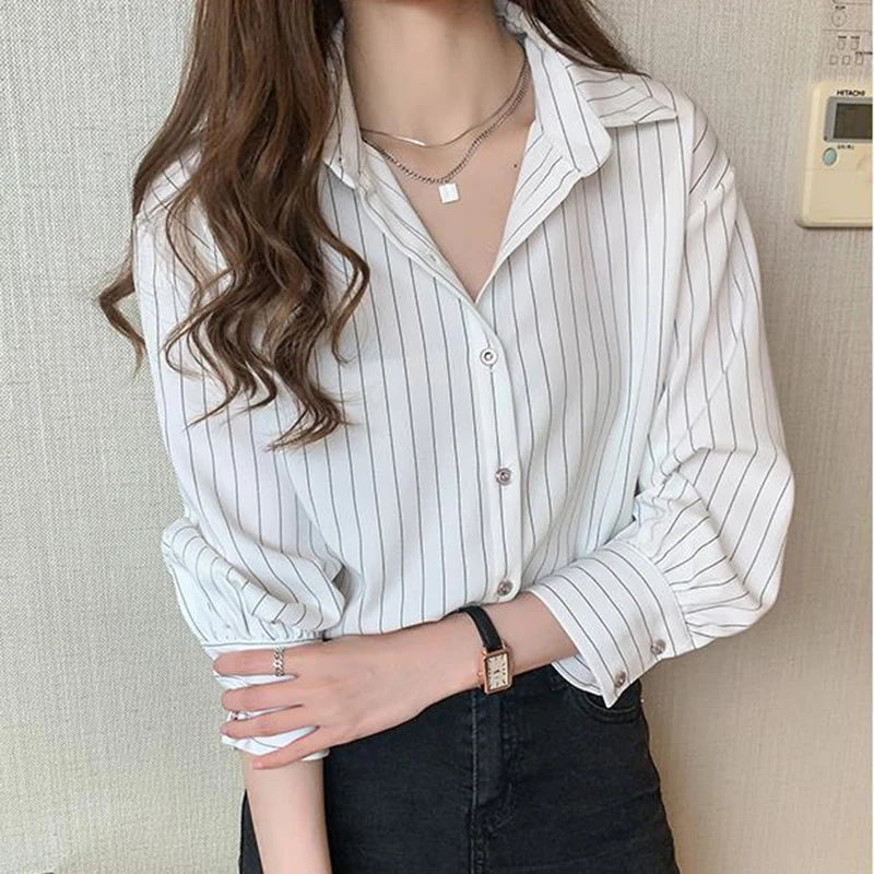 Striped Shirt Women Summer Vintage Chic Loose Long Sleeve Top Y2K Office Ladies Fashion Casual Turn Down Collar All Match Blouse