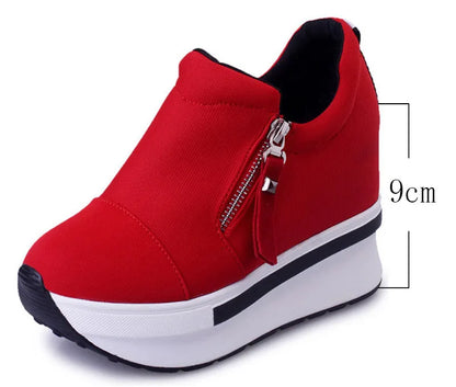 Platform Sneakers 2023 New Women Red Casual Comfortable Hidden Heel Shoe Black Canvas Shoes Wedge Heels Sneaker Tenis De Mujer