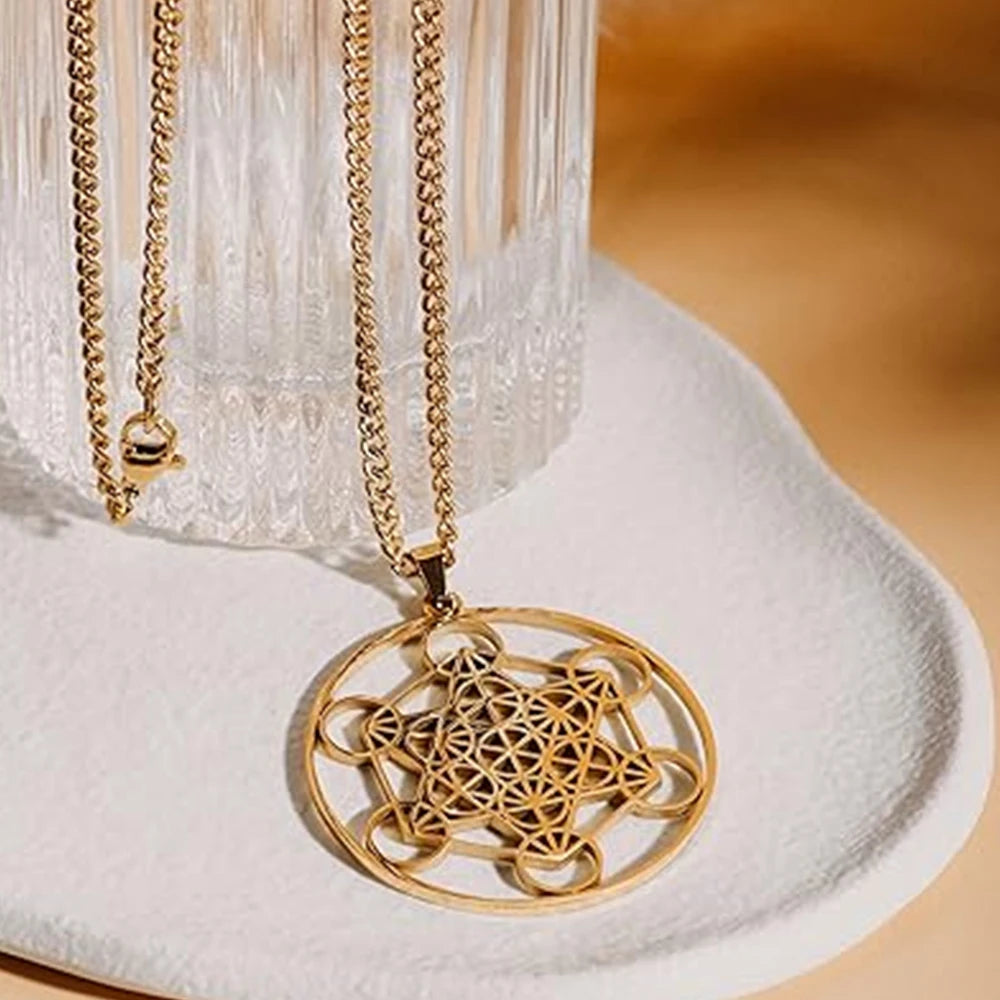 YILUOCD Vintage Metatron Cube Necklace 18k Gold Plated Sacred Geometry Powerful Protection Amulet Solomon Spiritual Jewelry