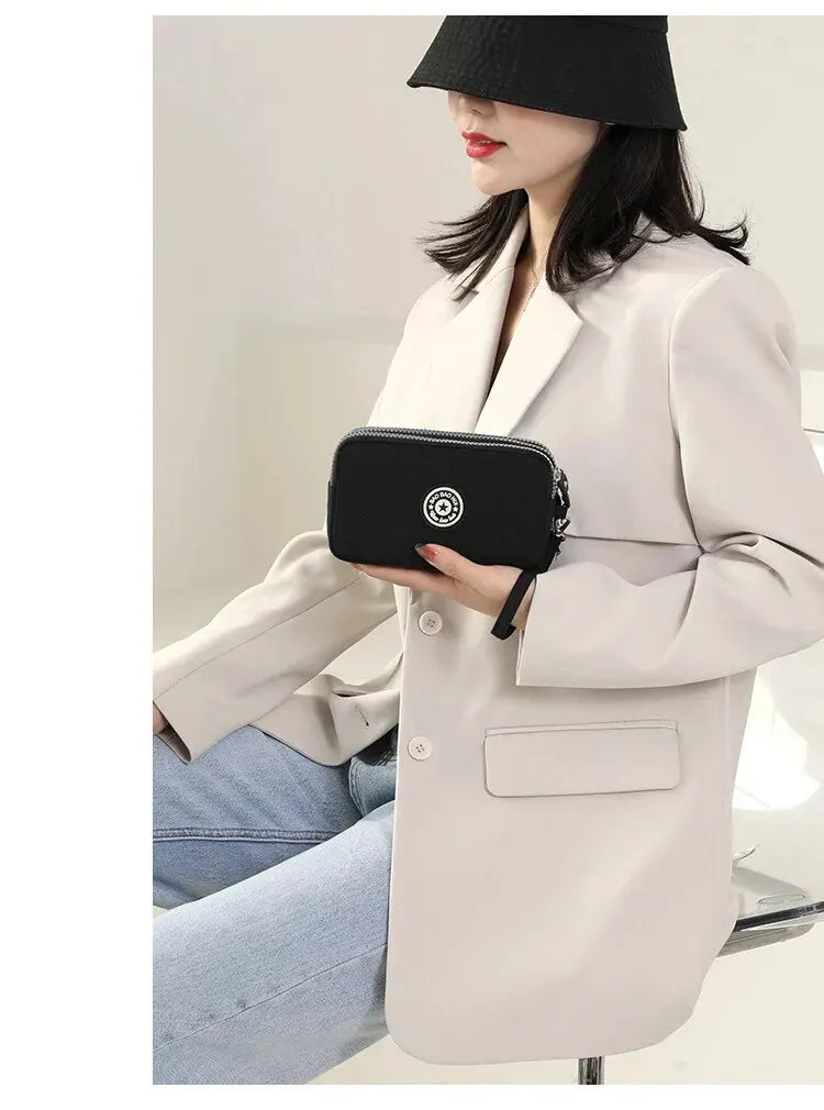 Solid Color Coin Purse Women Handbag Small Wallet Wrinkle Fabric Phone Purse Three Zippers Portable Make Up Bag