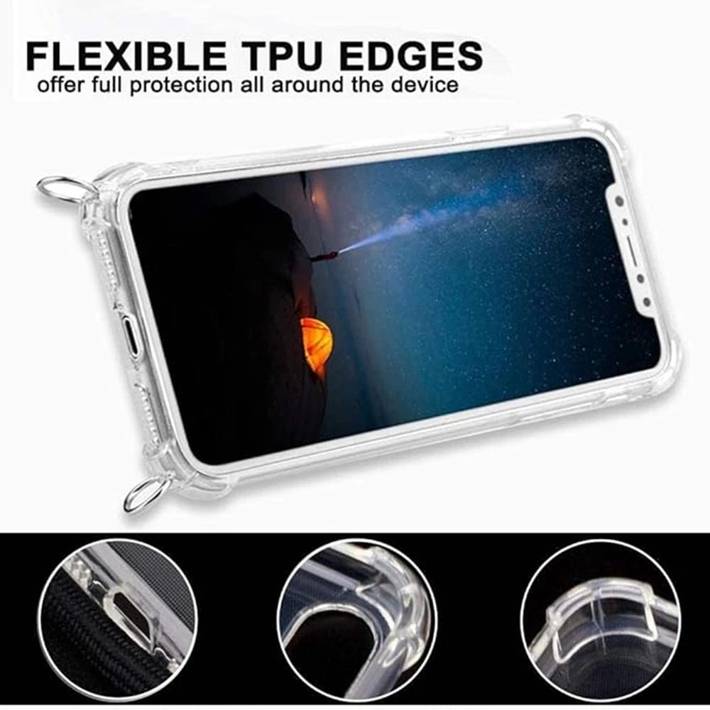 Adjustable Crossbody Lanyard Case For iPhone 16 15 14 13 12 11 8 7 Pro Plus X XS Max XR SE 2 3 Transparent TPU Shockproof Cover