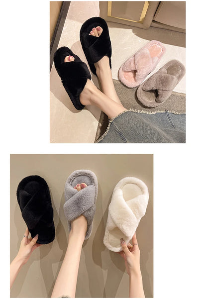 Casual Fluffy Slippers Women House Flats Plush Designer Platform Winter Shoes Girls Elegant Warm Home Fashion Popular Footwear