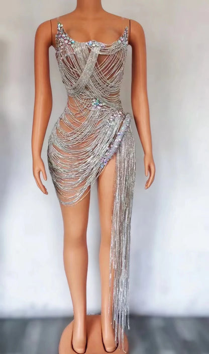 Bling Bling Laser Diamond Fringe Dress Sexy Spaghetti Straps Birthday Party Dress Robe De Soiree Summer Night Out Club Costume