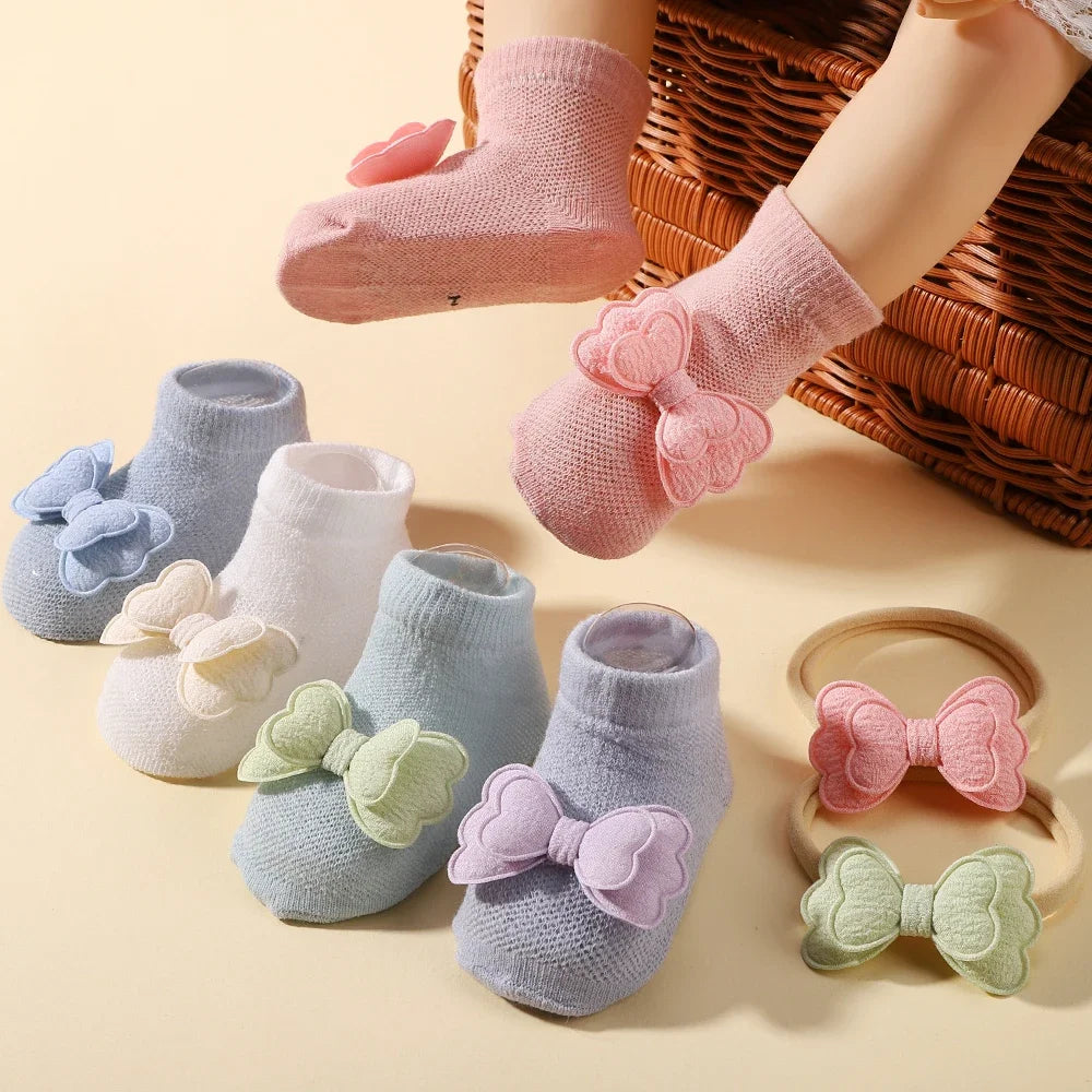 Lovely Baby Bows Socks Set Fresh Candy Color Breathable Short Socks with Sweet Flower Headband Elastic Hairband for Newboen