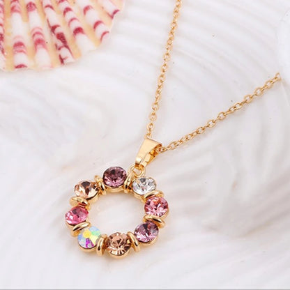 3pcs Gold Necklace Earrings Set Ladies Celebrity Simple Fashion Style Exquisite Stained Glass Diamond Circle Shape Jewelry