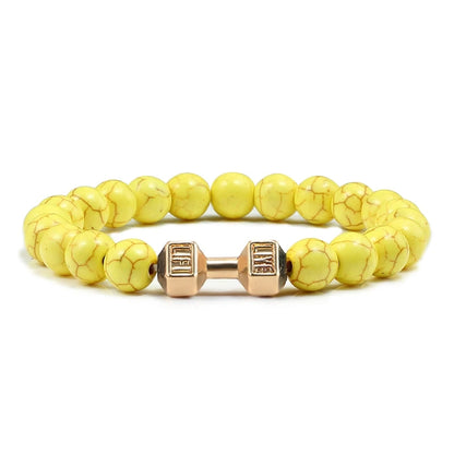 Bracciale in pietra vulcanica naturale da uomo, nero opaco, perline bianche, ciondolo con manubri, braccialetti da donna con bilanciere, gioielli per il fitness