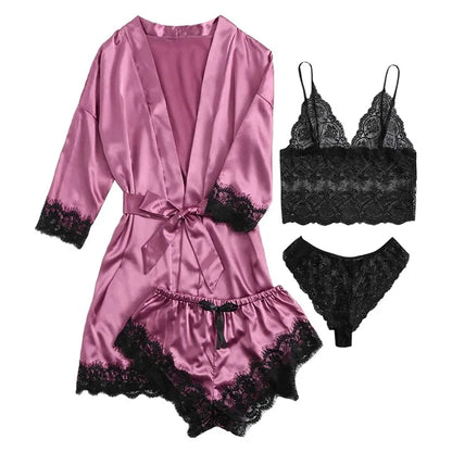 Women's Satin Pajama Set 4pcs Floral Lace Trim Cami Lingerie Sleepwear with Robe Sleepwear Lace Cami Shorts Loungewear Pink