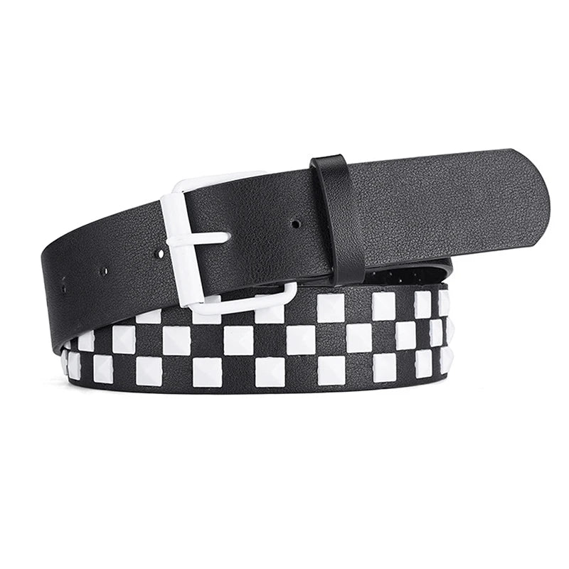 New Personalised Rivets Checkerboard PU Leather Belt 107CM Men And Women Universal Fashion Hip-hop Punk Belt Ins Style