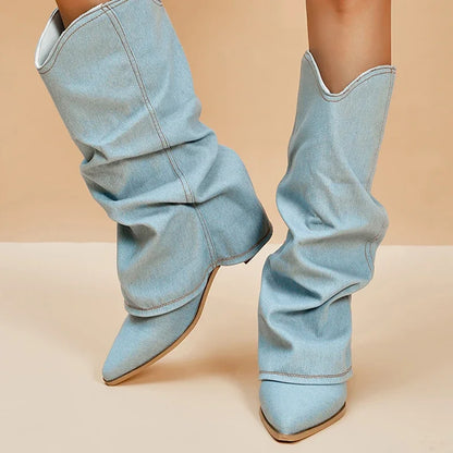 Pleated Block Heels Denim Boots for Women 2024 Autumn Pointed Toe Women High Knee Boots Plus Size Fashion Cowboy Woman Boots