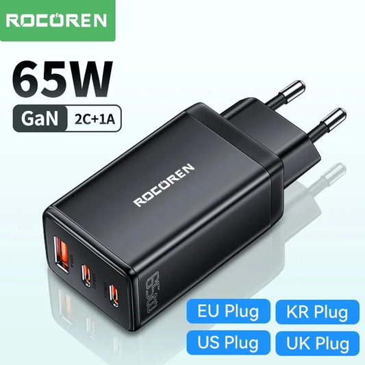 Rocoren 65W GaN Charger Quick Charge PD Type C USB Charger for iPhone 15 14 13 Pro Max Xiaomi 12 Samsung Fast Charger for Laptop