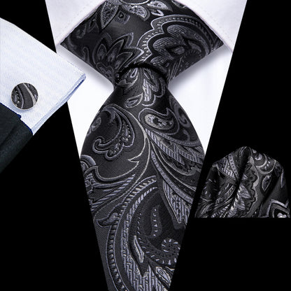 Hi-Tie Black Floral Silk Wedding Tie For Men Handky Cufflink Elegant Necktie For Men Fashion Designer Business Party Dropshiping