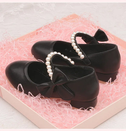 White Bow Spring and Autumn Girls High Heel Princess Shoes Pearl Tide Pumps