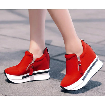 Platform Sneakers 2023 New Women Red Casual Comfortable Hidden Heel Shoe Black Canvas Shoes Wedge Heels Sneaker Tenis De Mujer