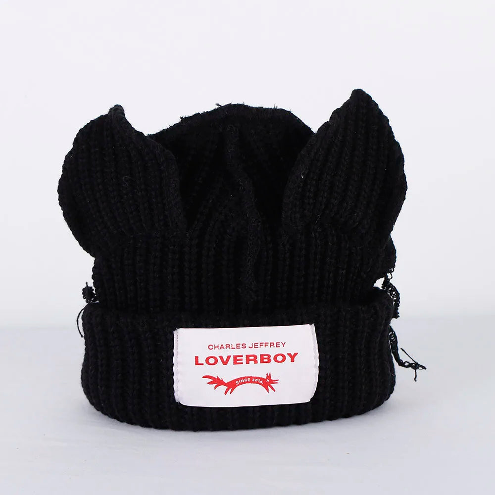 2023 Loverboy Cat Ear Knit Hat solid Warm Pig Ear Woolen Hat Cute Fashion Hooded Cap Niche Design Hip-hop Personality Cold Hat