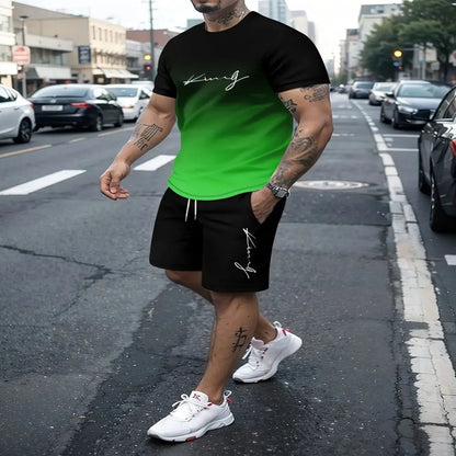 Summer beach 3D printed men's T-shirt suit gradient sportswear fitness plus size clothing two-piece round neck T-shirt shorts