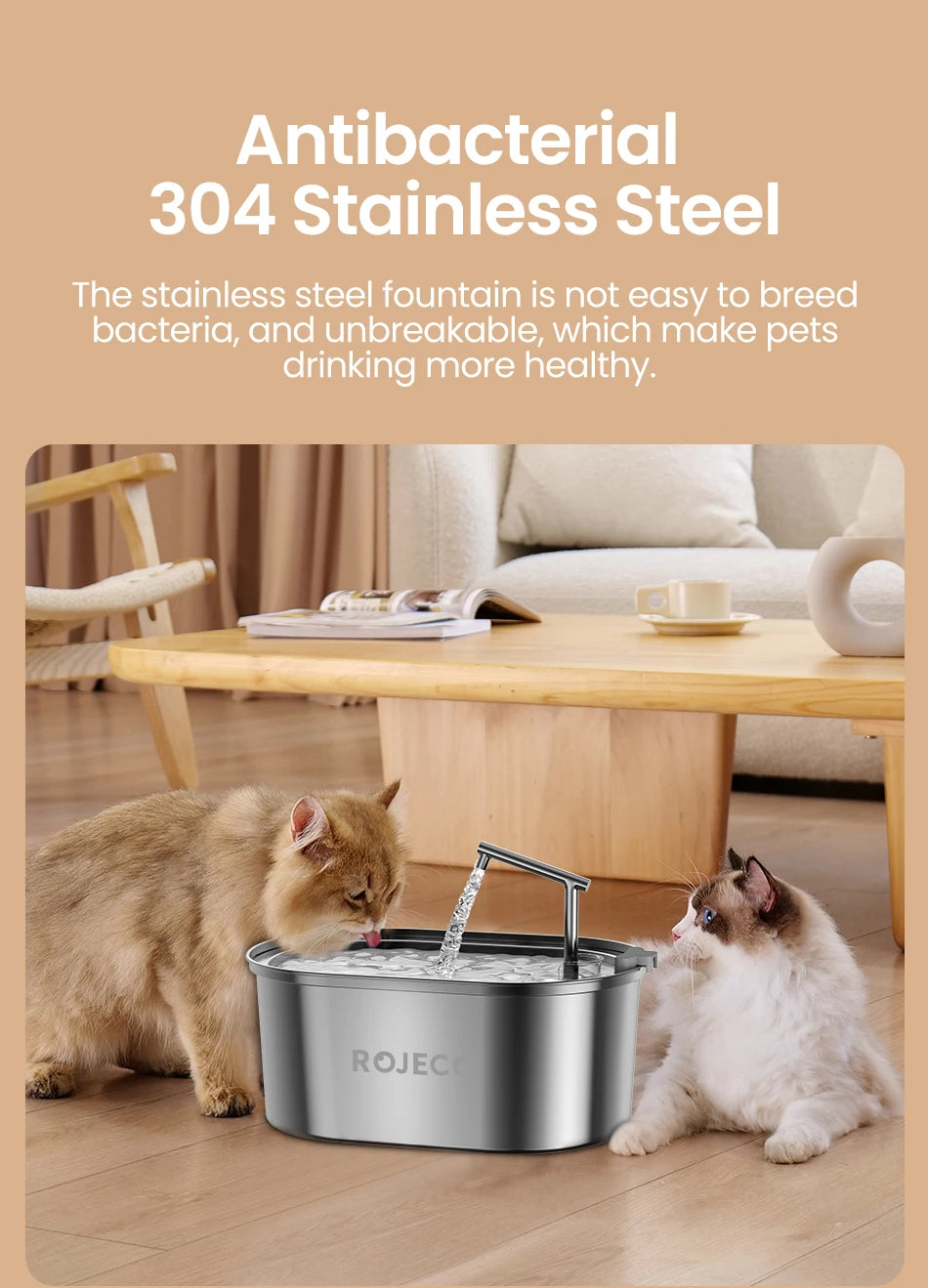 ROJECO Stainless Steel Cat Water Fountain Automatic Cat Drinker Drinking Fountain For Cats Dogs Pet Water Dispenser Accessories