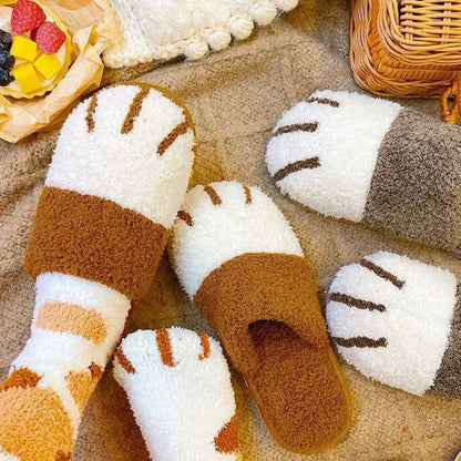 Winter Warm Plush Slippers Cute Cat Paw Designer House Women Fur Slippers Floor Mute Bedroom Lovers Indoor Fluffy Shoes2024